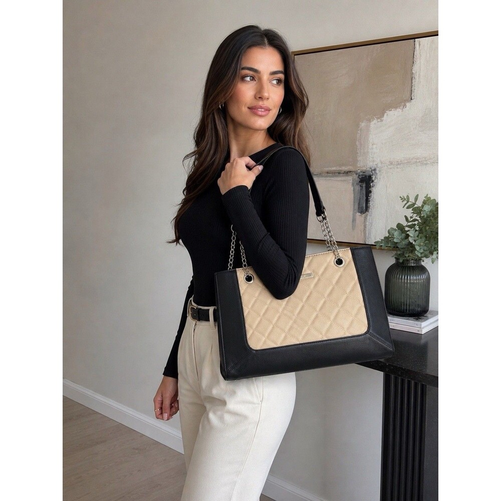 Nine West Tote Bag Tan BlackLeather Inner Pockets Chain Accent Snap Office‎